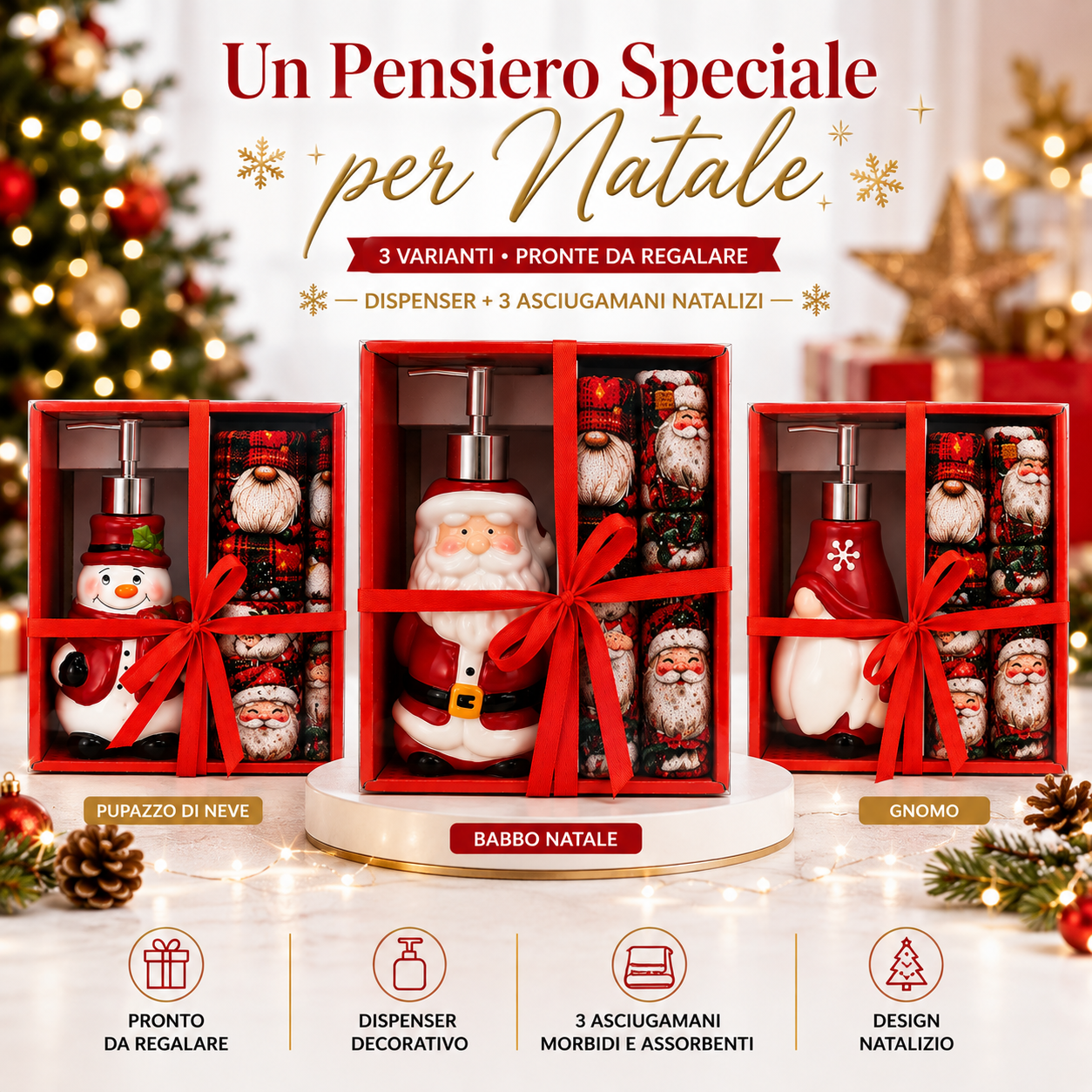  set regalo natalizio dispenser sapone con 3 asciugamani decorativi varianti babbo natale pupazzo di neve e gnomo - foto 5