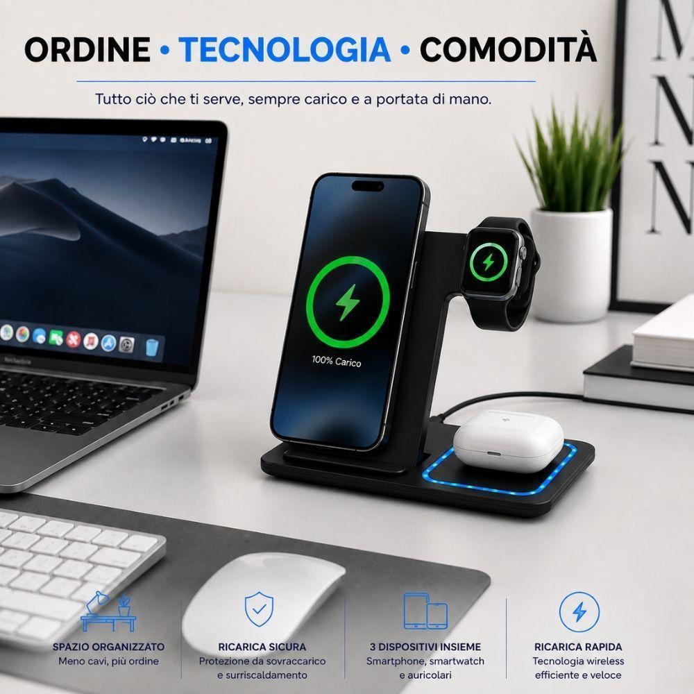  stazione di ricarica wireless 3 in 1 per smartphone smartwatch e auricolari - foto 4