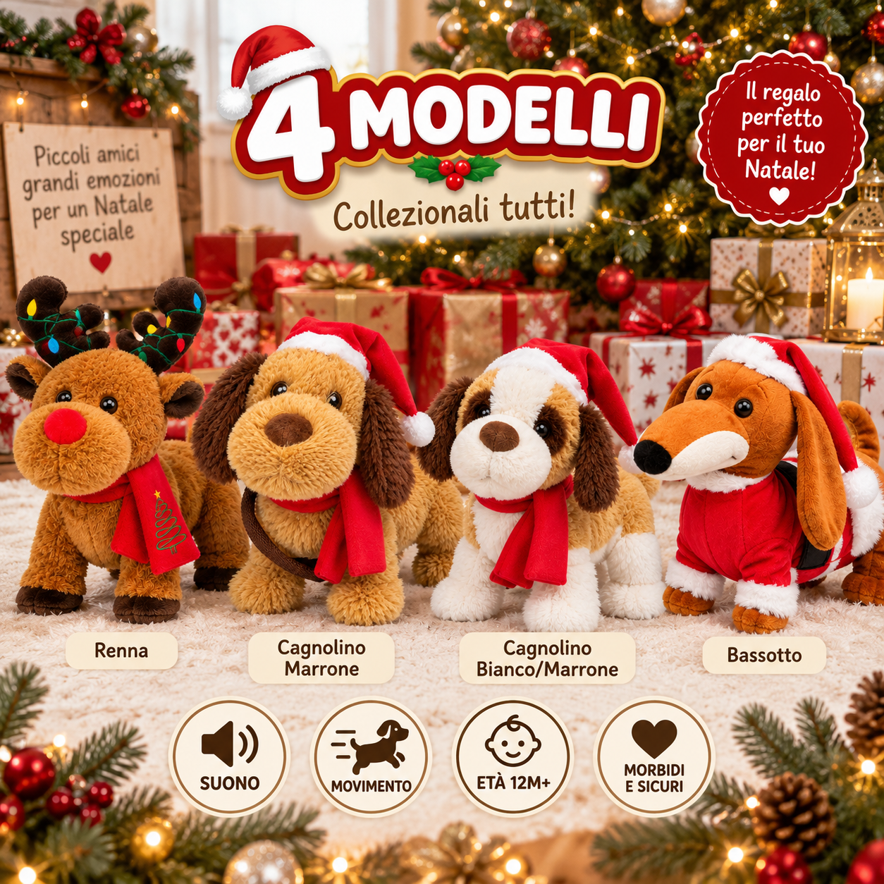  peluche natalizio interattivo con movimento e suono – cagnolino e renna – decorazione e idea regalo di natale - foto 2