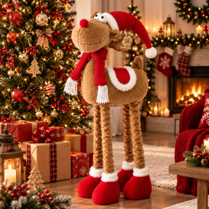 Renna natalizia decorativa con gambe allungabili fino a 80cm pupazzo di natale in tessuto con cappello, sciarpa e scarpe