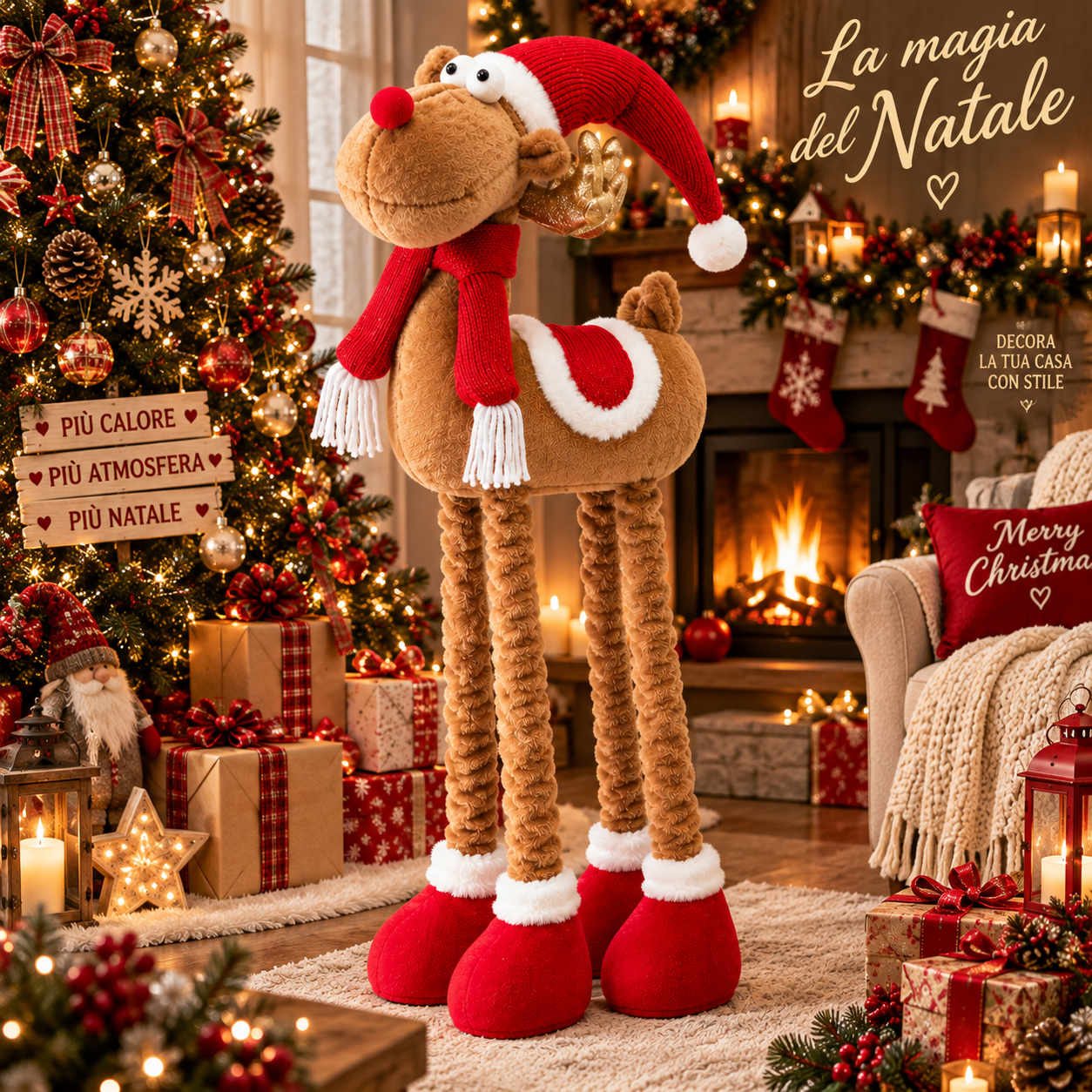  renna natalizia decorativa con gambe allungabili fino a 80cm pupazzo di natale in tessuto con cappello, sciarpa e scarpe - foto 4