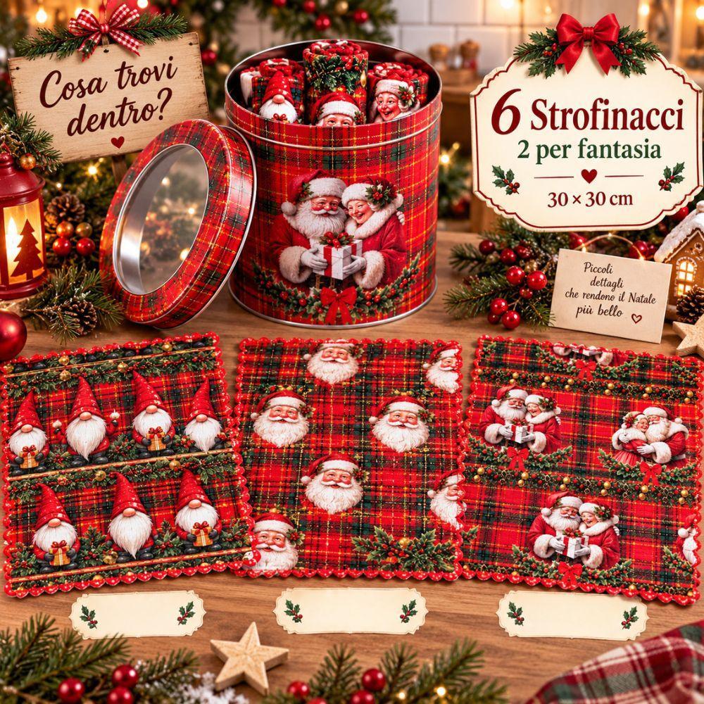 set 6 strofinacci natalizi 30x30 cm con barattolo in latta decorato - foto 2 set 6 strofinacci natalizi 30x30 cm con barattolo in latta decorato - foto 2