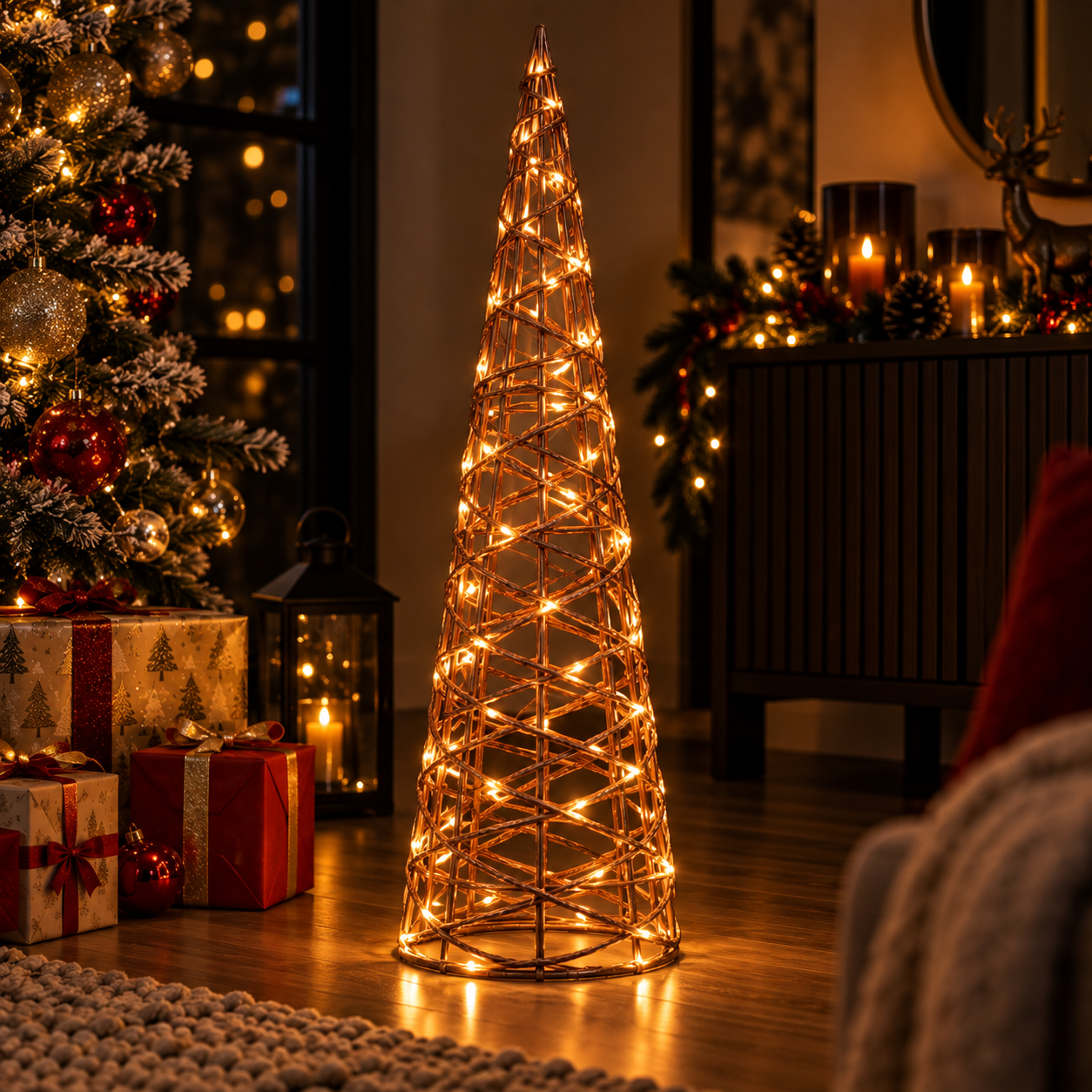  albero di natale decorativo a cono con luci led  struttura intrecciata in metallo  decorazione natalizia luminosa - foto 2
