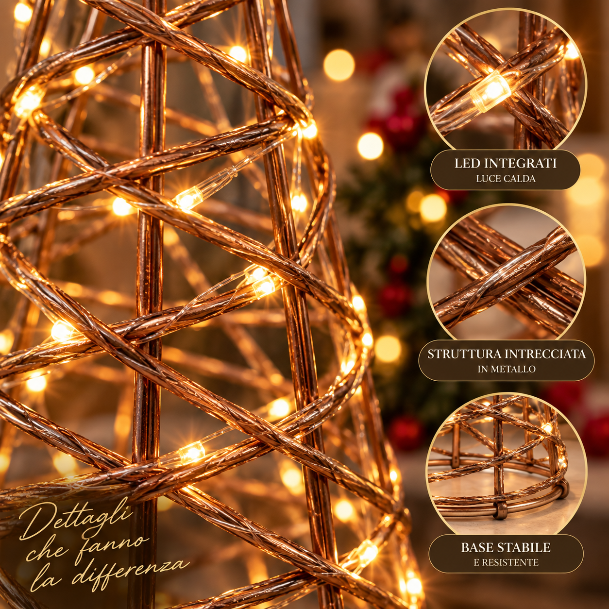  albero di natale decorativo a cono con luci led  struttura intrecciata in metallo  decorazione natalizia luminosa - foto 4