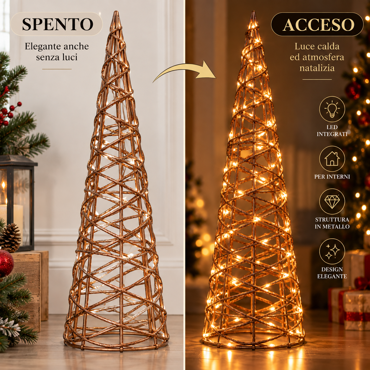  albero di natale decorativo a cono con luci led  struttura intrecciata in metallo  decorazione natalizia luminosa - foto 5