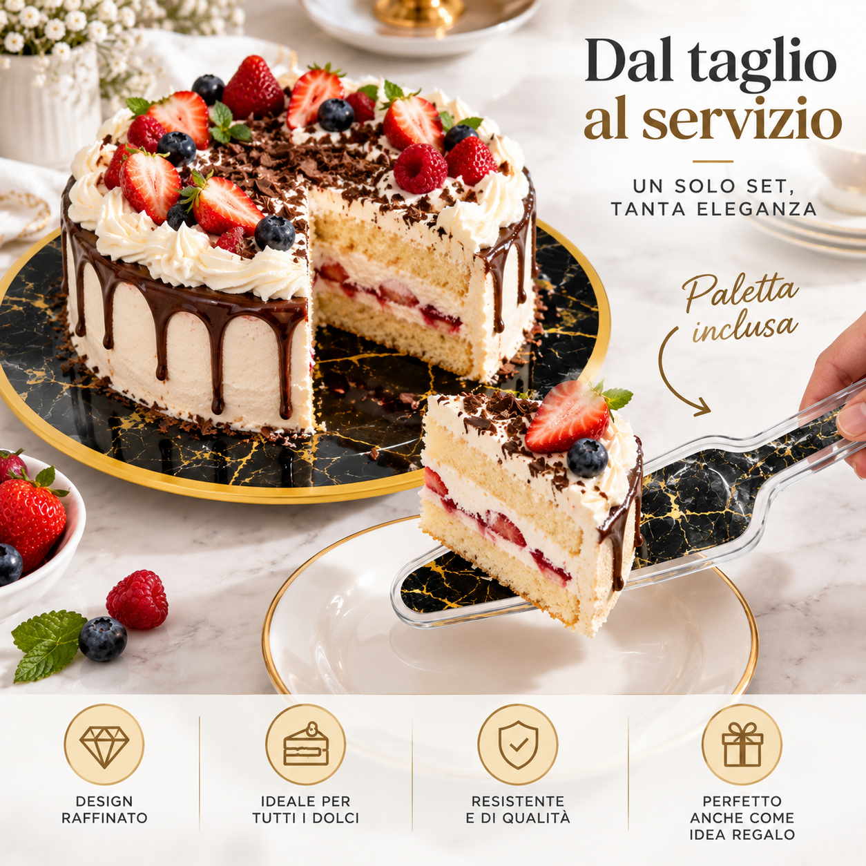  piatto torta rotondo effetto marmo con paletta coordinato - foto 3