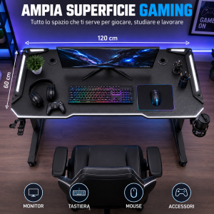 Scrivania gaming rgb con luci led  piano effetto carbonio, portabicchiere e supporto cuffie