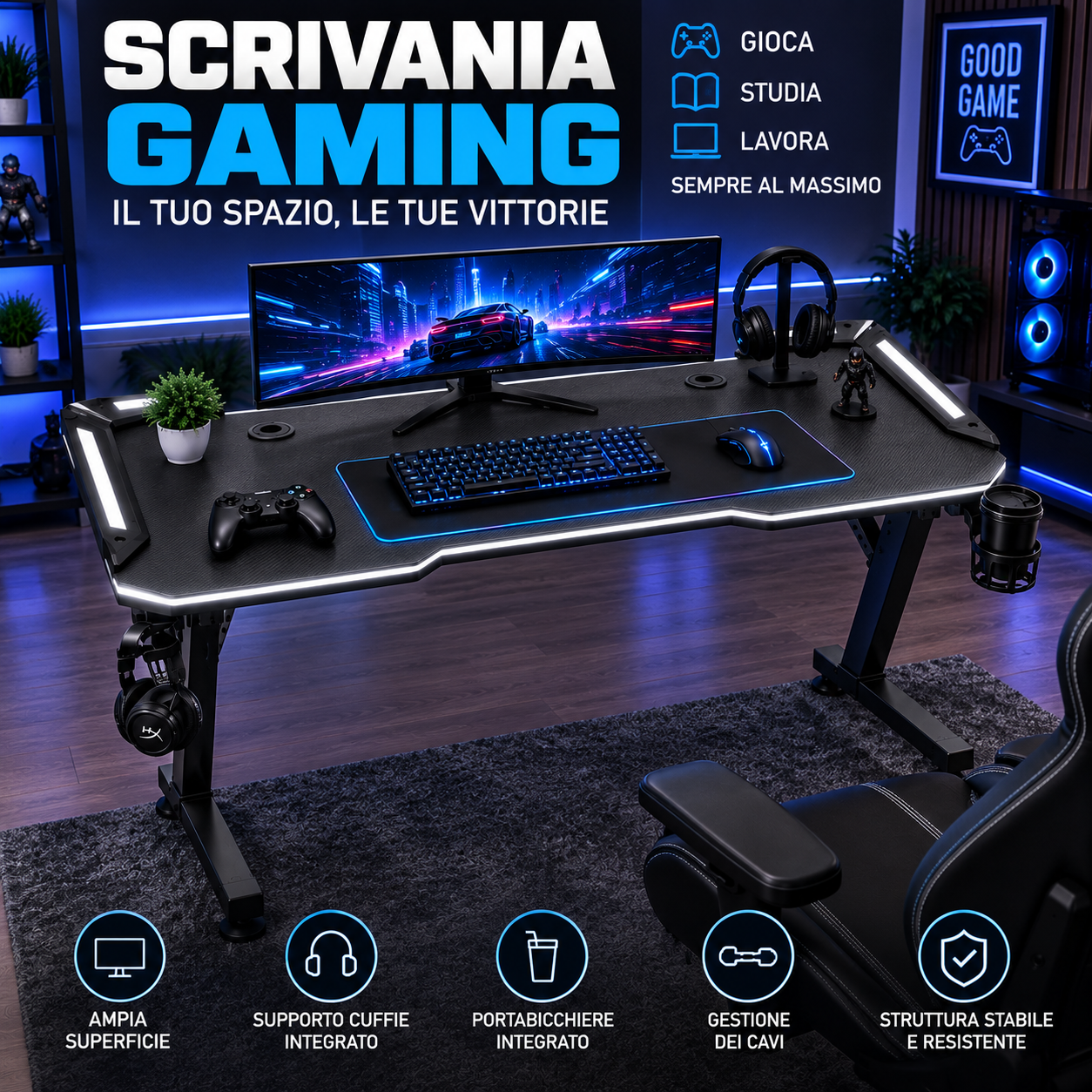  scrivania gaming rgb con luci led  piano effetto carbonio, portabicchiere e supporto cuffie - foto 4