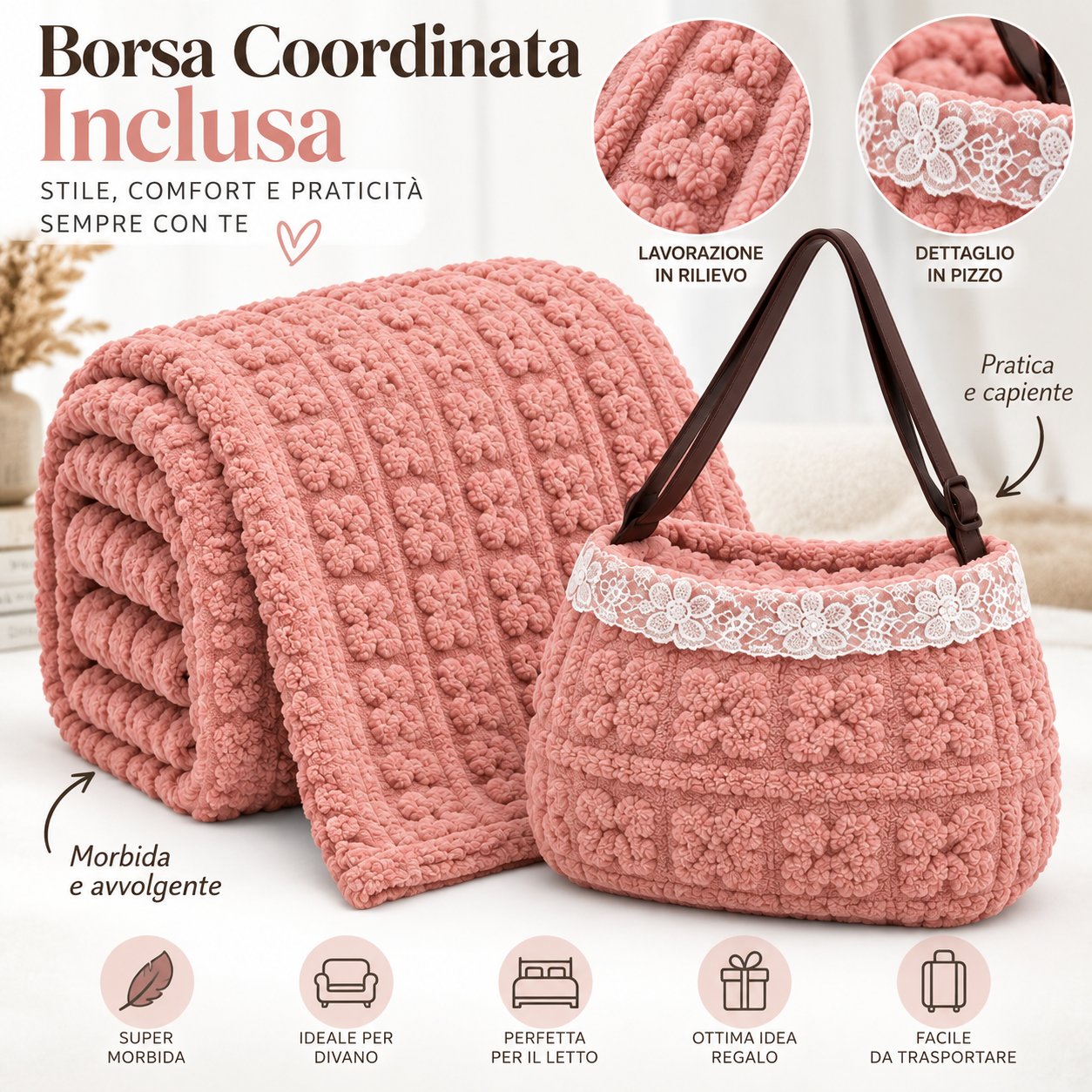 coperta morbida con borsa coordinata fantasia in rilievo e dettaglio in pizzo - foto 3 coperta morbida con borsa coordinata fantasia in rilievo e dettaglio in pizzo - foto 3