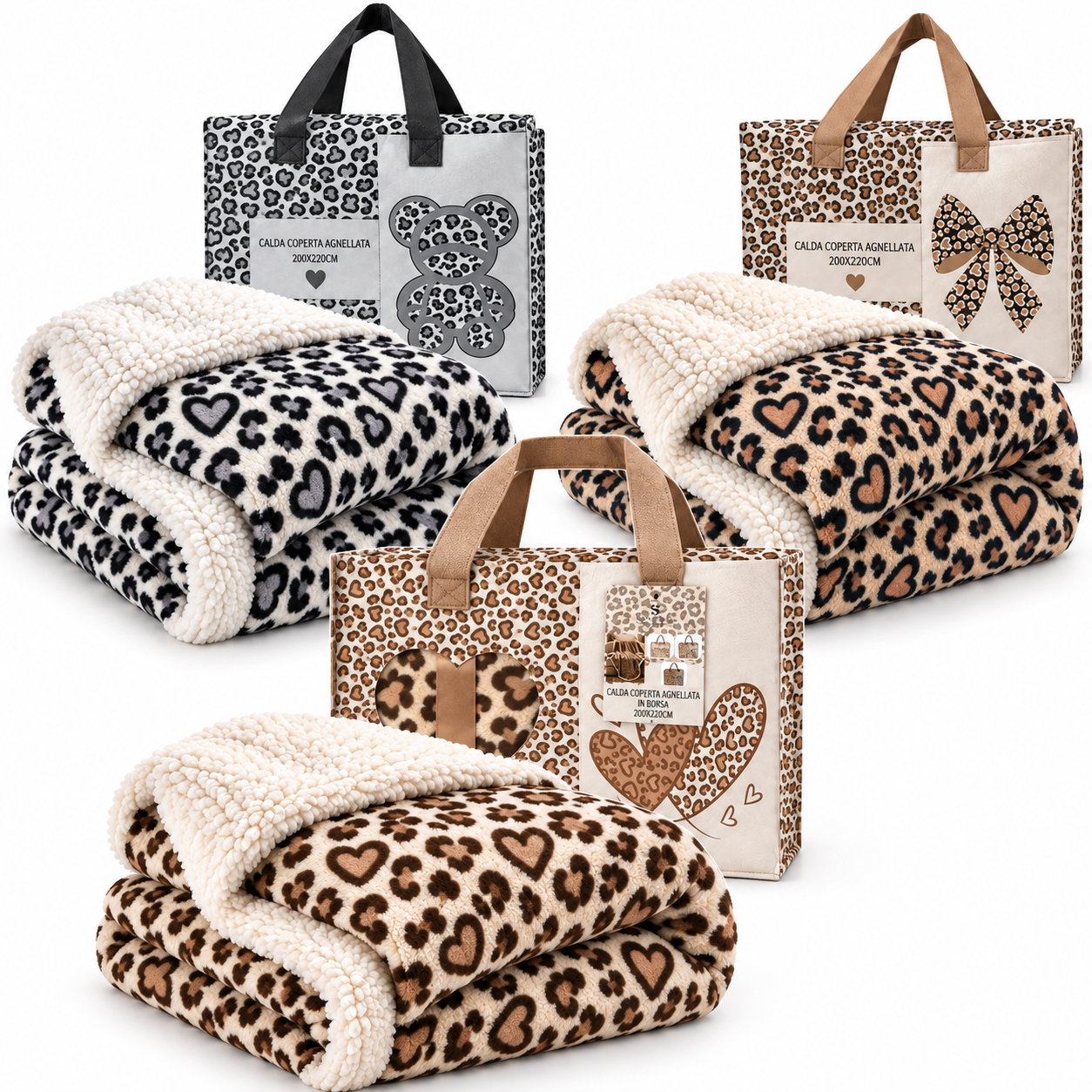  coperta agnellata matrimoniale 200x220 cm animalier con cuori – morbida e calda con borsa coordinata - foto 1