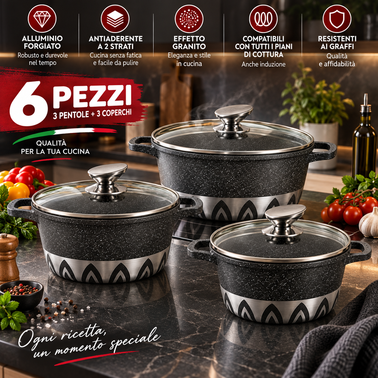  batteria pentole  6 pezzi  antiaderente effetto granito con coperchi in vetro - foto 4